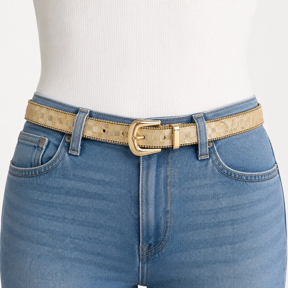 Elite Western Checkerboard Belt Womens XL Gold Metallic Ball Chain Trim GLAM